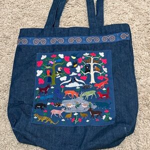 Vintage Handmade Embroidered Hmong denim Story Tote Bag